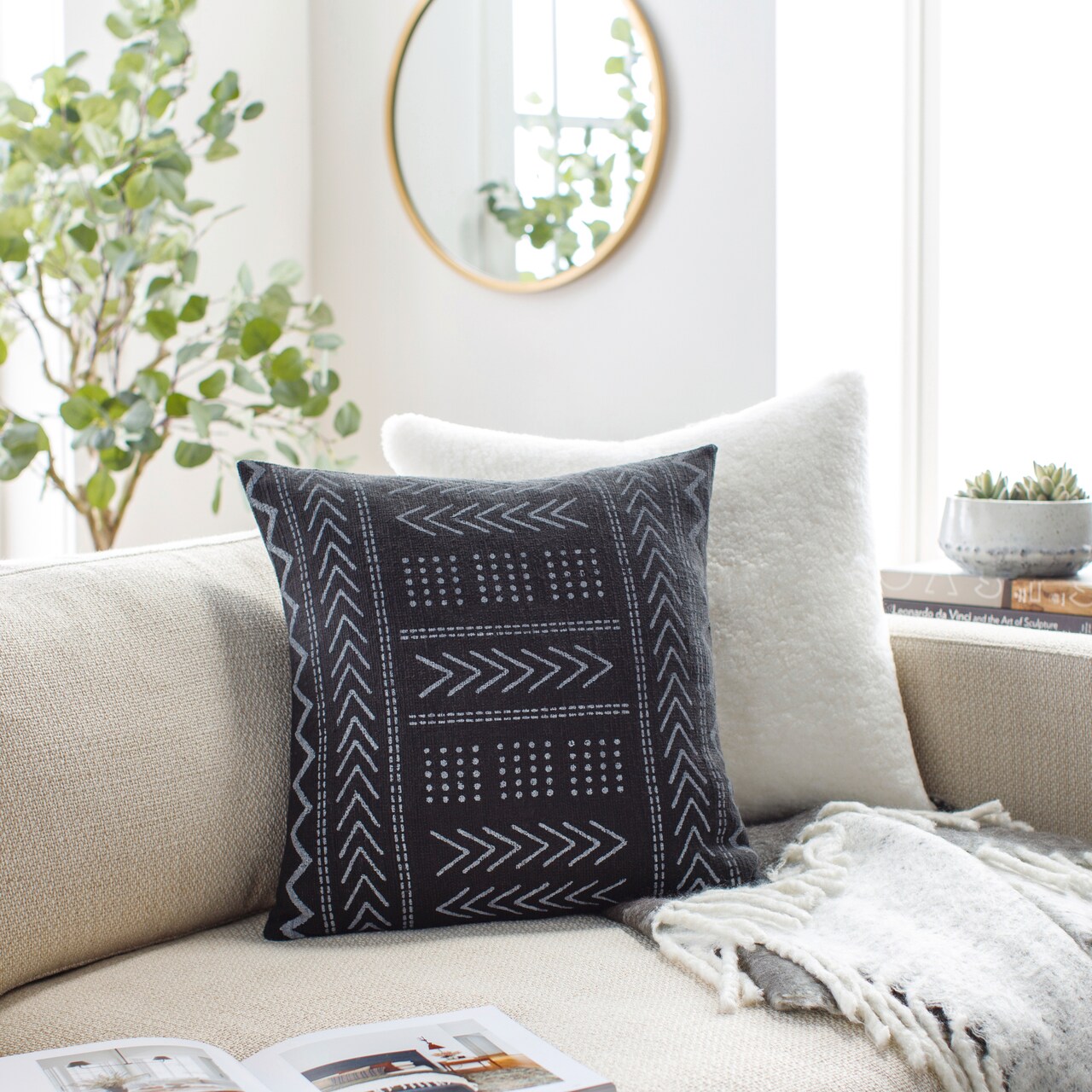 Tiwari Home 22" Black and Cream Block Printed Tribal Pattern Hand Woven Throw Pillow Cover